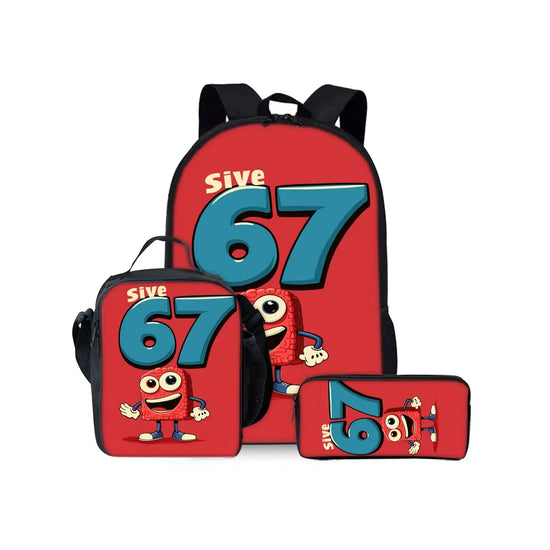 New Colorful Number 67 Print Three Piece Set Backpacks for Boy and Girls Best Gifts 2D Flat Cartoon School Bag for Children