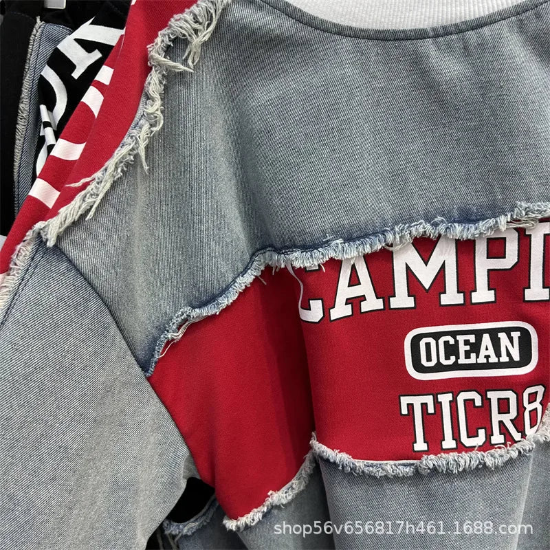 Completo Donna Denim Patchwork – Felpa + Pantaloni Streetwear Casual