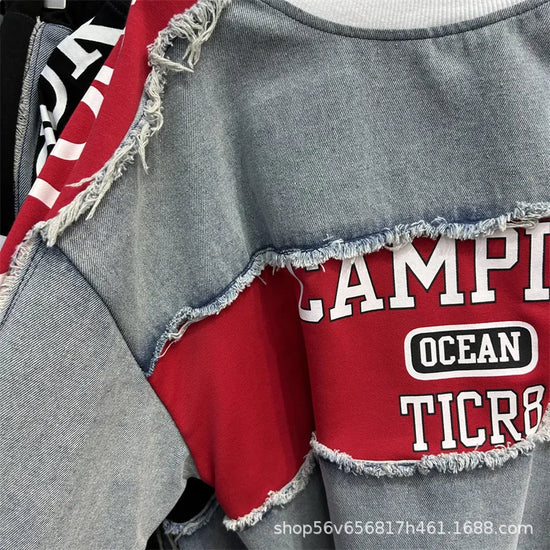 Completo Donna Denim Patchwork – Felpa + Pantaloni Streetwear Casual