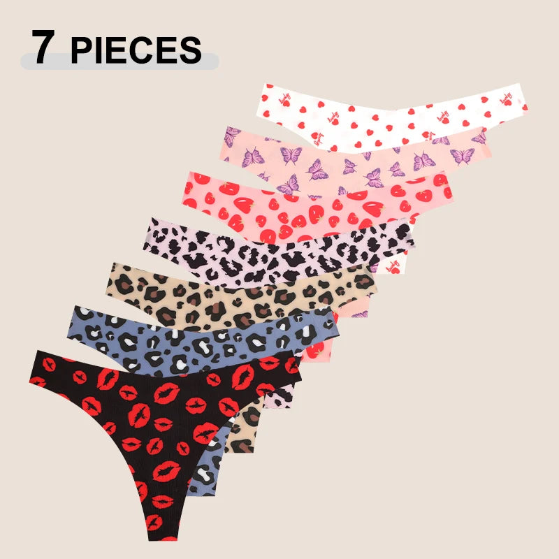 Set 7 pezzi perizomi donna in ice silk ultra sottile – G-string vita bassa con stampa farfalla/leopardato/frutta, lingerie comfort e sexy