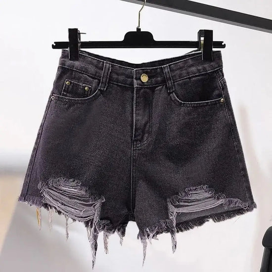Cowboy shorts donna vita alta stile coreano – denim bianco con tasche, frange e strappi