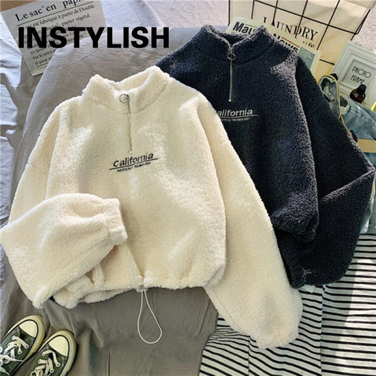 Felpa donna in pile con collo alto, zip e coulisse