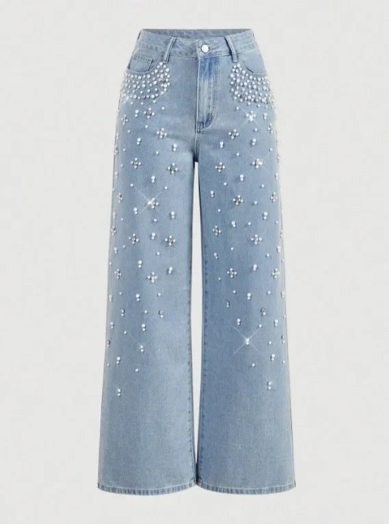 Jeans vita alta donna 2025 – denim lavaggio washed, gamba dritta con applicazioni in perle, stile trendy casual