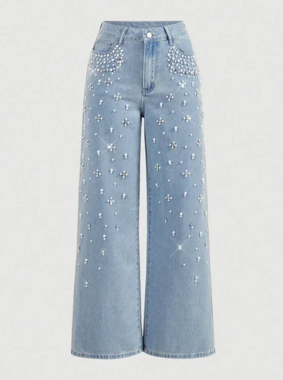 Jeans vita alta donna 2025 – denim lavaggio washed, gamba dritta con applicazioni in perle, stile trendy casual