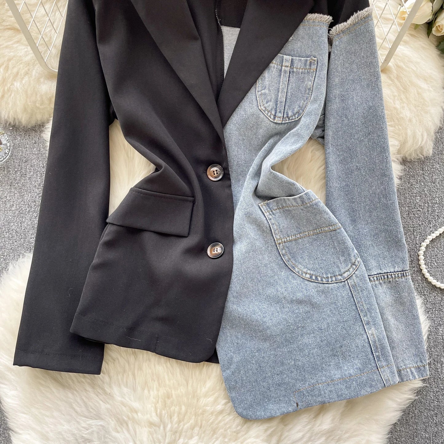 Giacca patchwork in denim con rever 2025 – blazer overshirt donna doppio bottone, vita slim, stile commuter