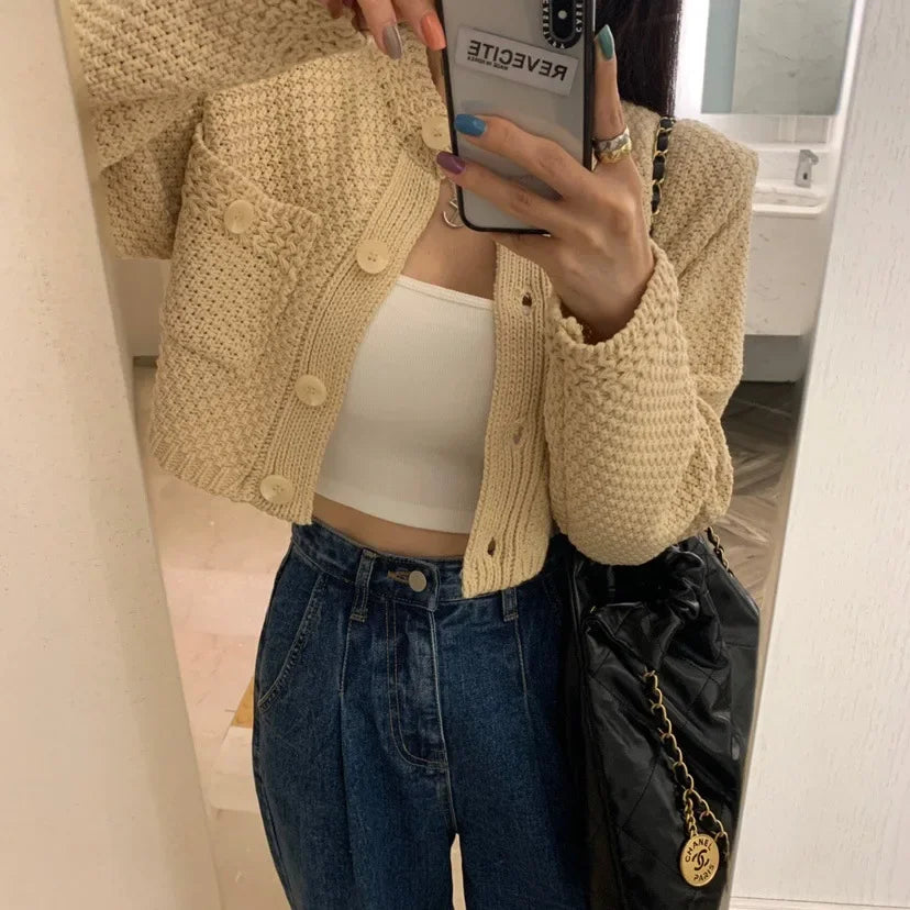 Cardigan donna coreano maniche corte collo polo – versatile knit senza maniche, girocollo, perfetto per tutte le stagioni