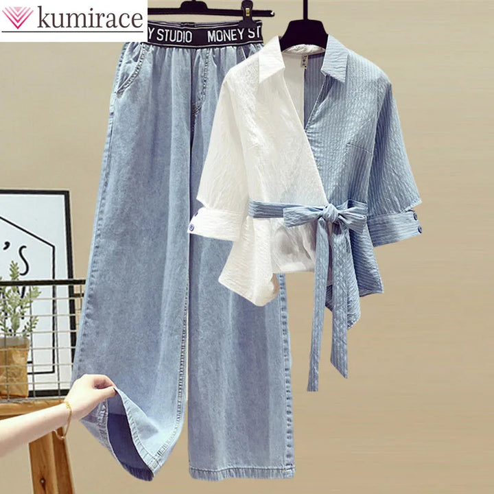 Set due pezzi donna 2025 – camicia chiffon cucita + jeans casual, elegante e leggero