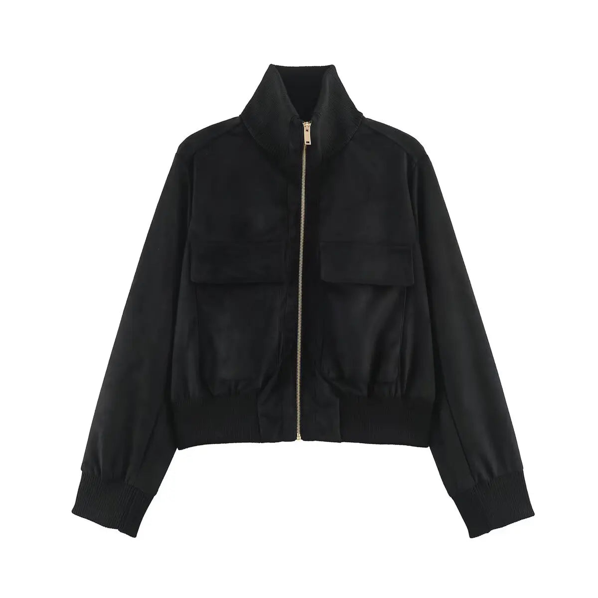 Giacca donna con grandi tasche, zip e collo alto - Nero