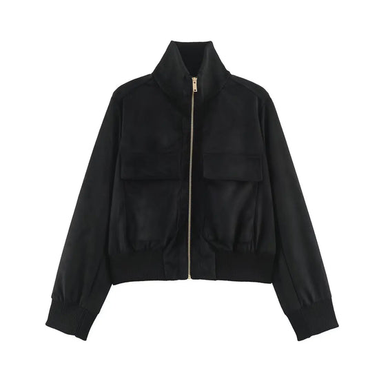 Giacca donna con grandi tasche, zip e collo alto - Nero