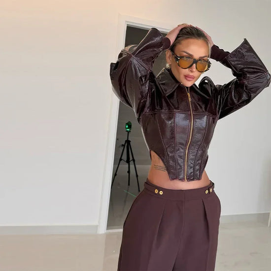Giacca Biker Donna Effetto Pelle Lucida con Zip – Nero o Rosso