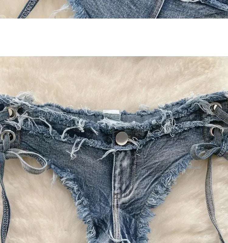 Set bikini donna 2025 con top bra e shorts a vita alta in denim