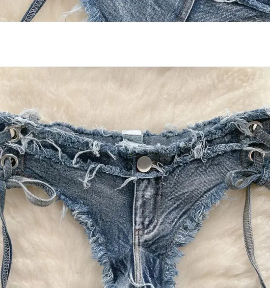 Set bikini donna 2025 con top bra e shorts a vita alta in denim