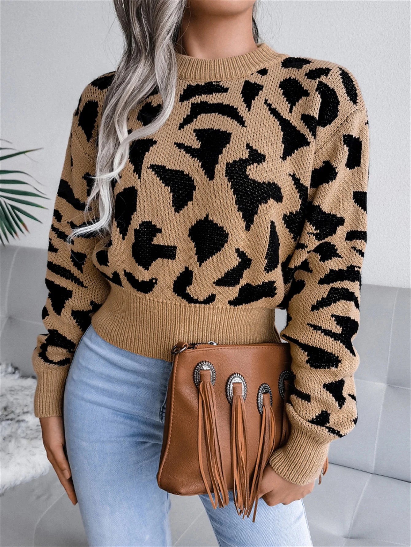 Pullover con stampa leopardata donna – Maglione corto girocollo per autunno/inverno, knit con raccolta in vita