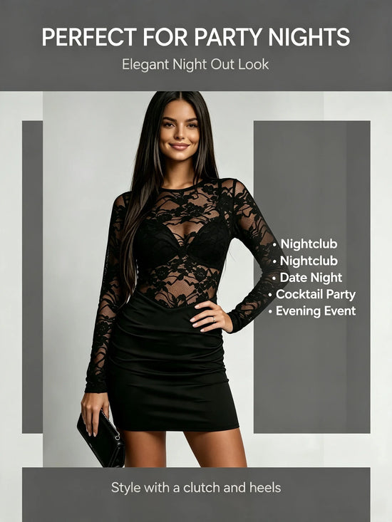 Vestito nero in pizzo aderente con maniche lunghe
