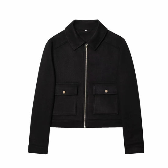 Giacca corta donna con zip, colletto e tasche - Nero