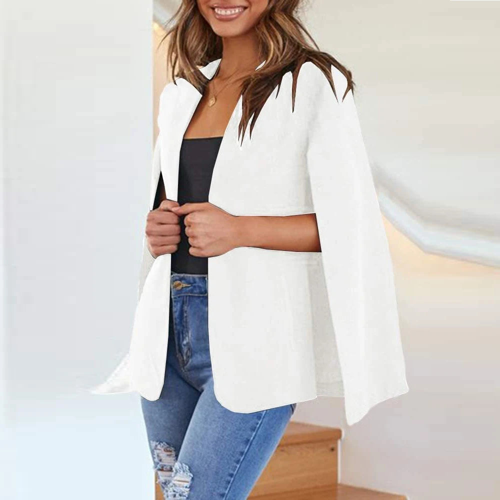 Giacca blazer donna senza colletto stile mantella – giacca da ufficio casual autunno primavera con maniche a mantella e collo aperto