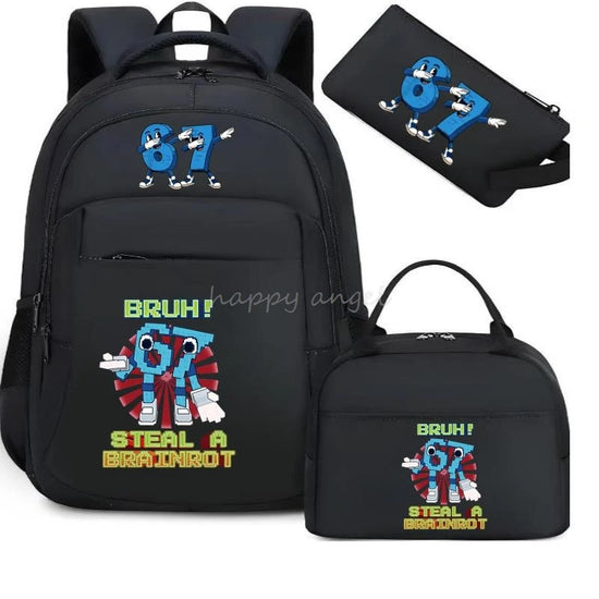 67 Six Seven Print 3Pcs/set Camouflage Backpack With Lunch Bag Steal A BrainRot Boy Student Teens Rucksack Girl Casual SchoolBag