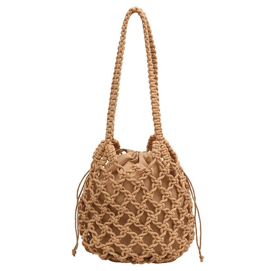 Borsa a secchiello in paglia intrecciata a mano – con coulisse e tracolla, perfetta per spiaggia e shopping