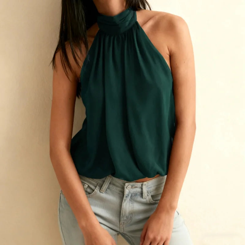Women Puffy Halter Top Bubble Hem Pleated Halterneck Tank Top Elegant Sexy Backless Going Out Crop Camisole
