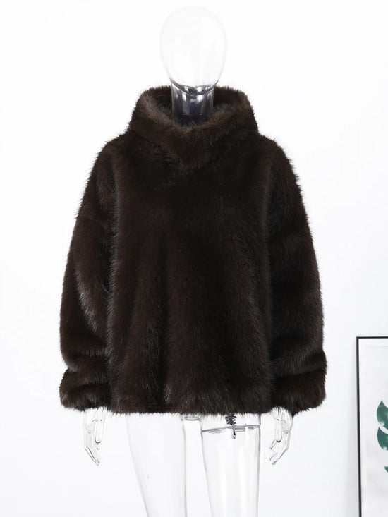 Felpa donna effetto pelliccia marrone con cappuccio