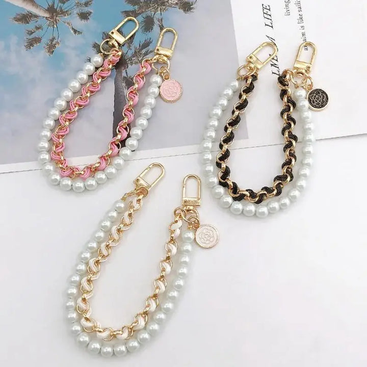 Portachiavi elegante doppio strato con perle + catena in pelle - accessorio fashion bag charm 2025