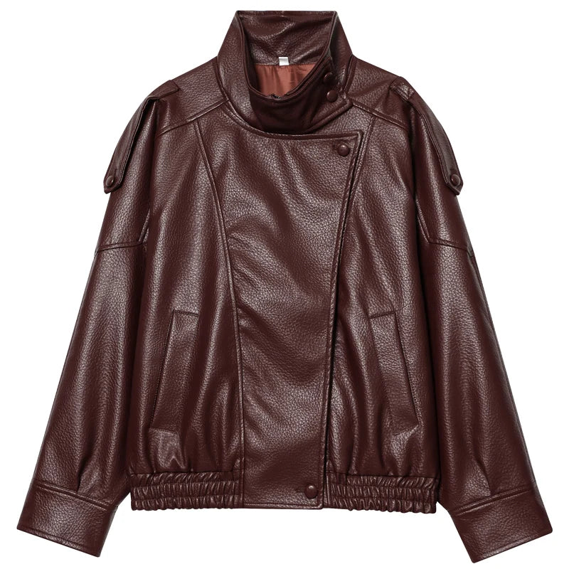 Bomber corto donna effetto pelle con zip e collo alto - Bordeaux