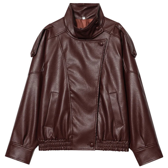 Bomber corto donna effetto pelle con zip e collo alto - Bordeaux