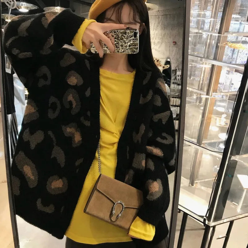 Cardigan leopardato donna con scollo a V stile coreano – Maglione knit oversize autunno/inverno animal print