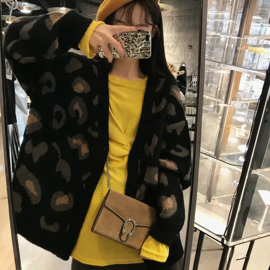 Cardigan leopardato donna con scollo a V stile coreano – Maglione knit oversize autunno/inverno animal print