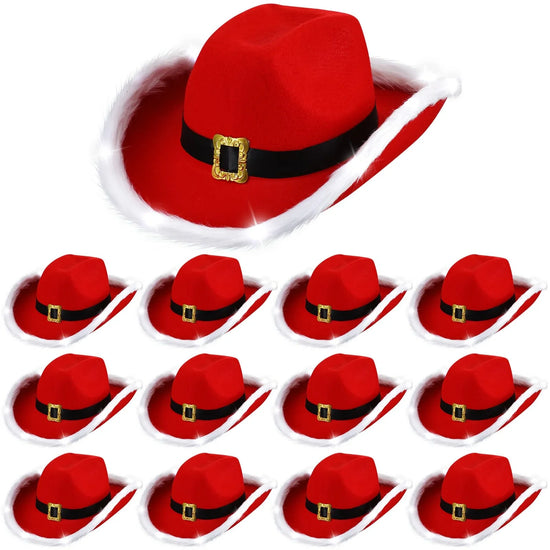 Cappello cowboy “Babbo Natale” rosso in feltro con tesa larga – floccato, unisex per festa western natalizia 2025