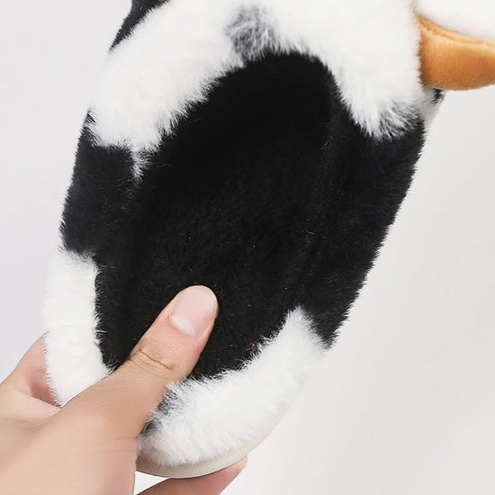 Casual Fluffy Slippers Women House Cute Cartoon Cow Designer Shoes Girl Flat Fashion Elegant Plush Winter Platform Footwear Home