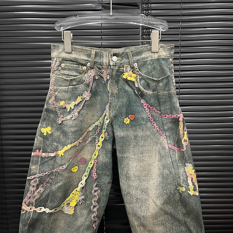 Jeans Donna Vita Alta con Stampa Catena – Denim Fashion Streetwear
