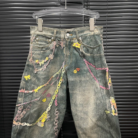 Jeans Donna Vita Alta con Stampa Catena – Denim Fashion Streetwear