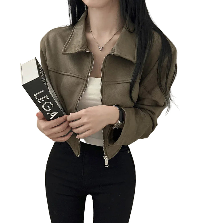 Giacca in pelle donna stile vintage – Giubbotto corto con zip, collo alla coreana, taglio slim fit, versatile e alla moda