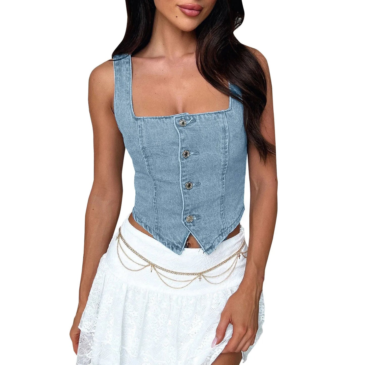 Top Denim Donna Aderente – Crop Top Scollo Quadrato