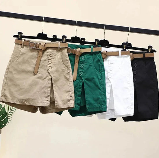 Gonna Pantaloncino Donna Vita Alta – Shorts A-Line con Bottoni