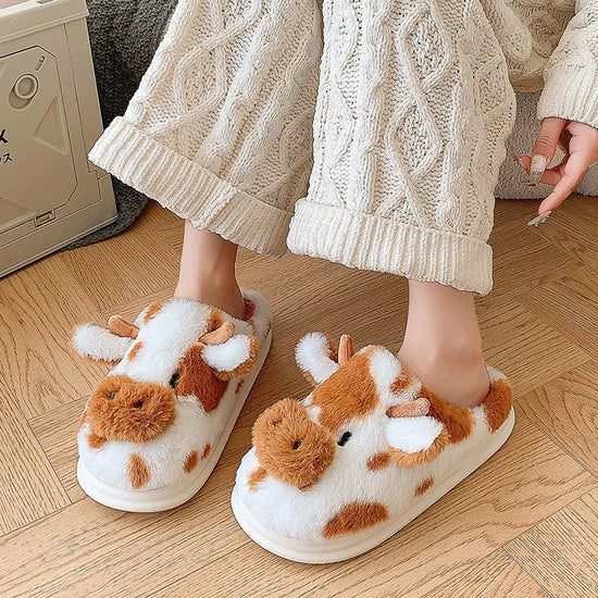 Casual Fluffy Slippers Women House Cute Cartoon Cow Designer Shoes Girl Flat Fashion Elegant Plush Winter Platform Footwear Home