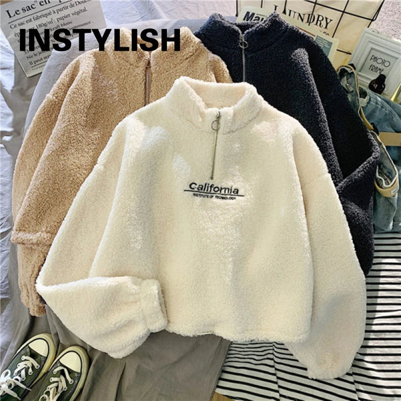 Felpa donna in pile con collo alto, zip e coulisse