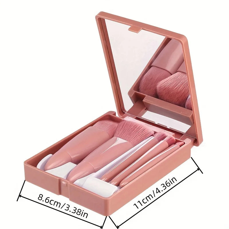 Set Pennelli Trucco Portatile 5 pezzi con Specchio – Kit Makeup da Viaggio
