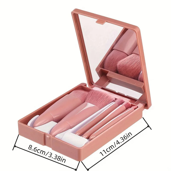 Set Pennelli Trucco Portatile 5 pezzi con Specchio – Kit Makeup da Viaggio