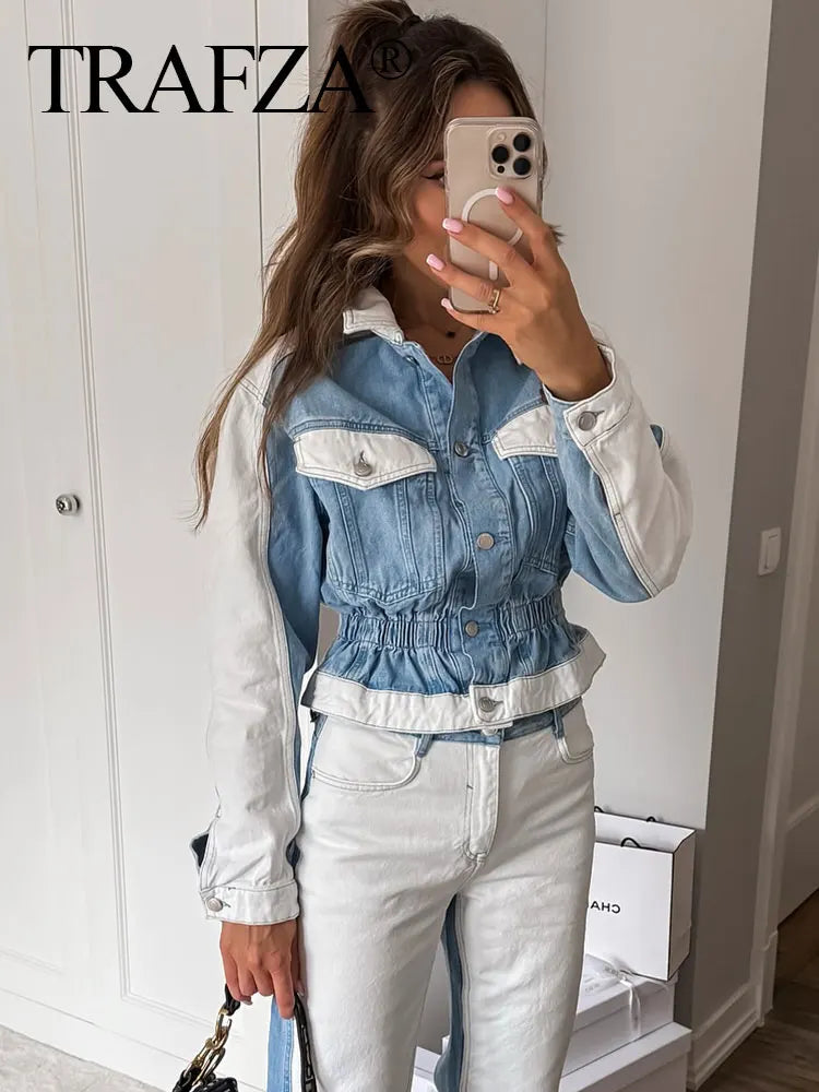 Set patchwork denim donna 2025 ‒ completo giacca monopetto + pantaloni wide-leg, look autunnale fashion con tasche