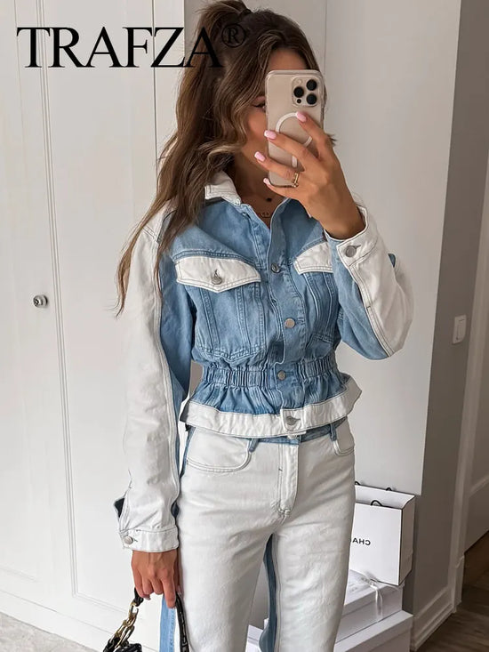 Set patchwork denim donna 2025 ‒ completo giacca monopetto + pantaloni wide-leg, look autunnale fashion con tasche