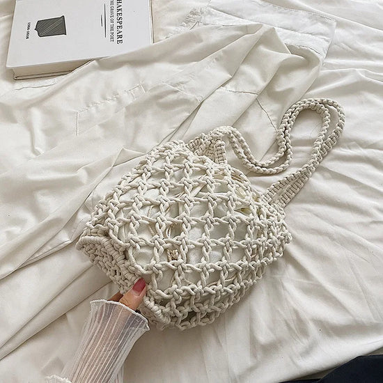 Borsa a secchiello in paglia intrecciata a mano – con coulisse e tracolla, perfetta per spiaggia e shopping