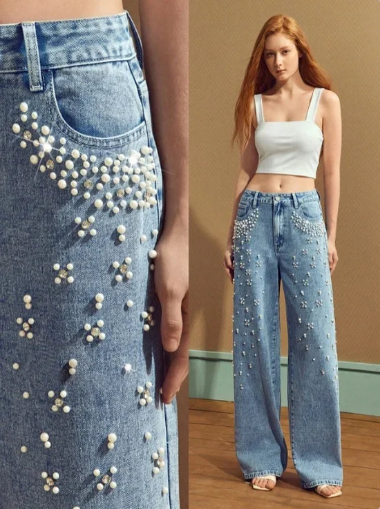 Jeans vita alta donna 2025 – denim lavaggio washed, gamba dritta con applicazioni in perle, stile trendy casual