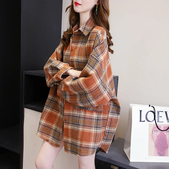 Camicia a quadri donna autunno 2025 – camicia manica lunga stile preppy vintage, taglio loose, single-breasted