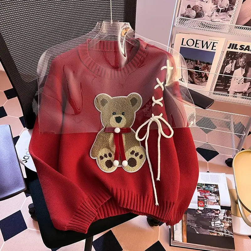 Pullover da donna – Maglione girocollo con orso, taglio loose knit autunno/inverno