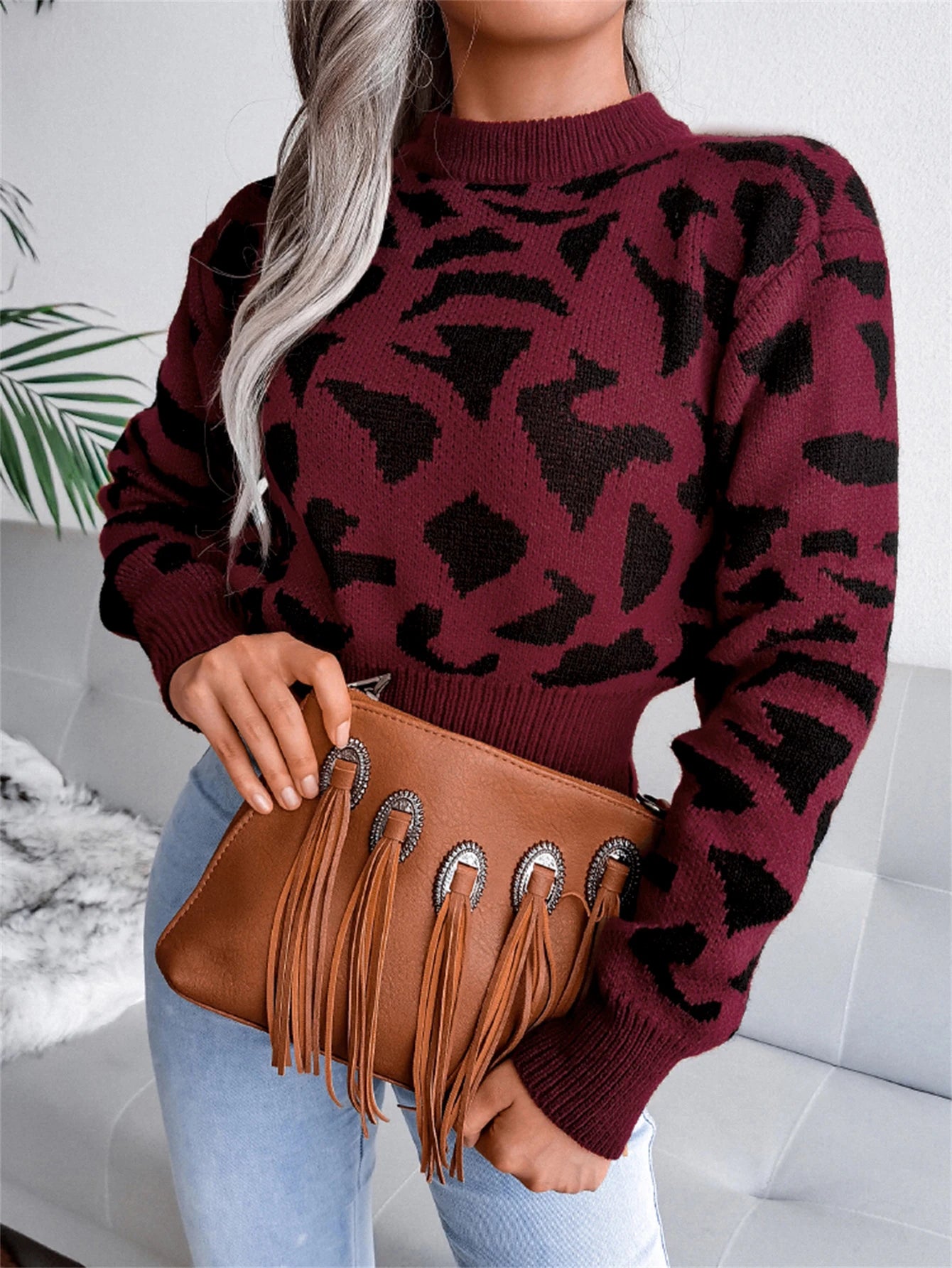 Pullover con stampa leopardata donna – Maglione corto girocollo per autunno/inverno, knit con raccolta in vita