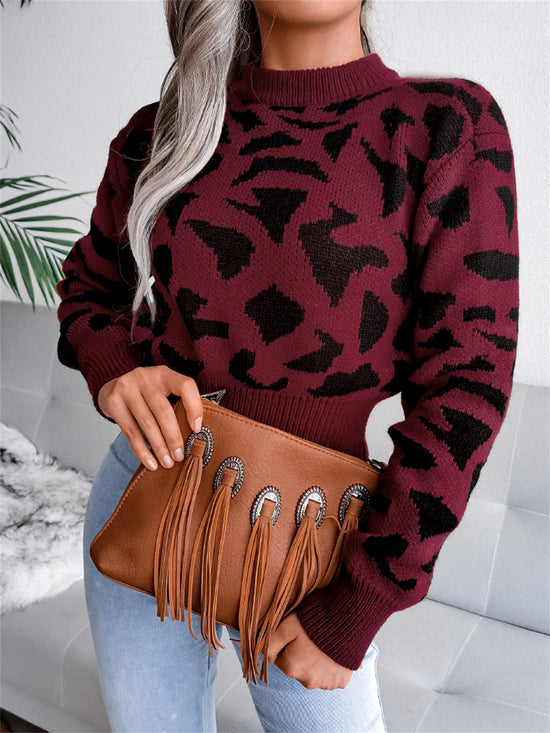 Pullover con stampa leopardata donna – Maglione corto girocollo per autunno/inverno, knit con raccolta in vita
