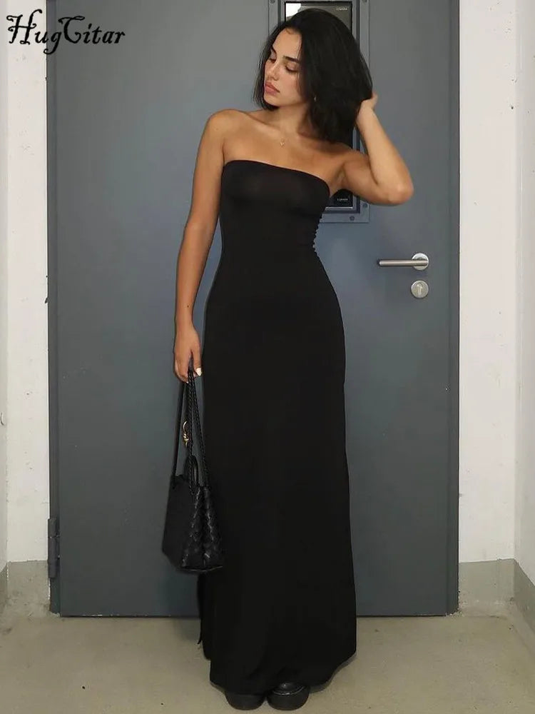 Abito Nero Elegante HugCitar – Maxi Dress Strapless Bodycon per Cerimonie, Party e Serate