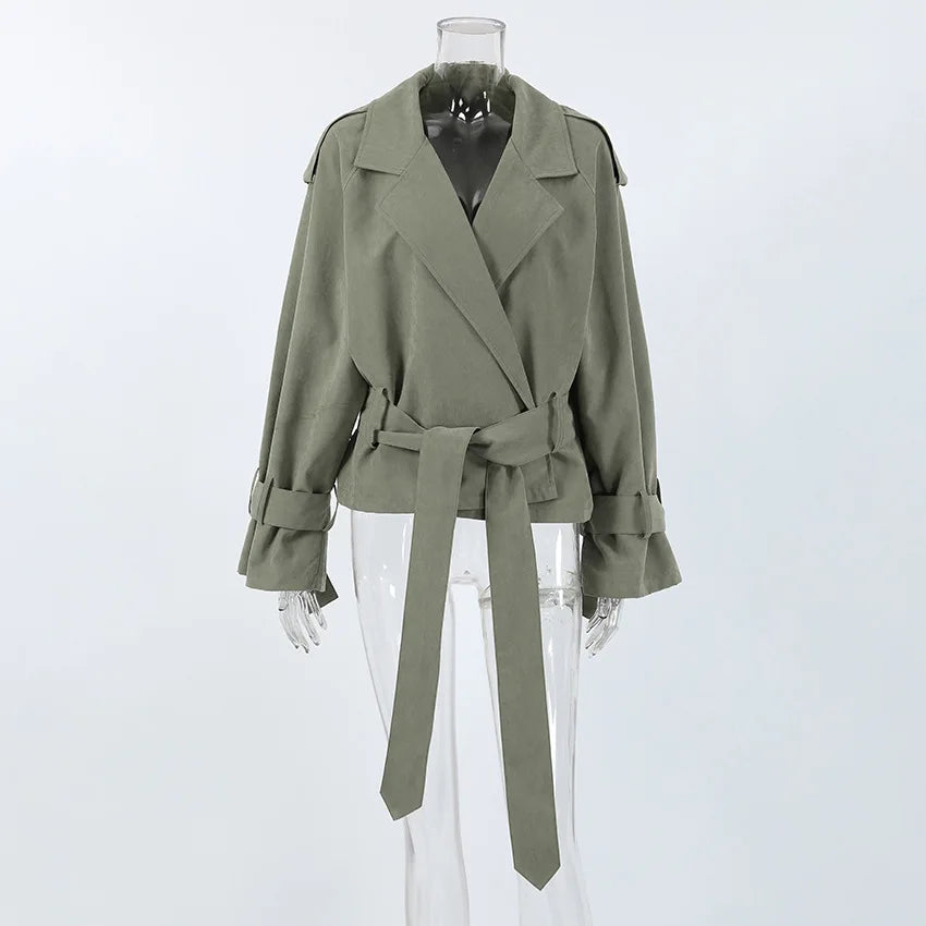 Trench coat corto con lacci per donna – Giacca a maniche lunghe, colletto a revers, abbottonatura singola, stile casual elegante per la primavera/autunno 2025